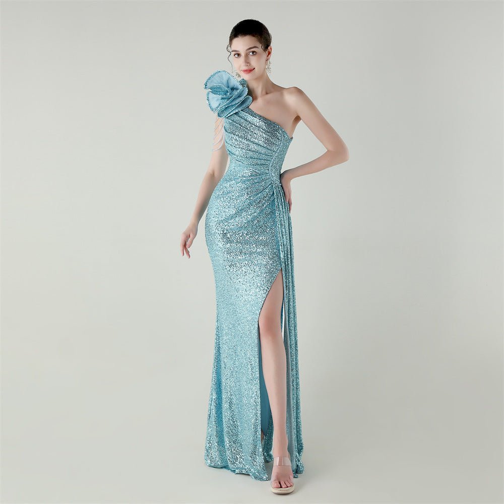 Craft Floral Beaded One Shoulder Diagonal Collar Fishtail Evening Dress Dinner Wedding Awards Ceremony Social Dress - Luzilly Bridal & Apparel