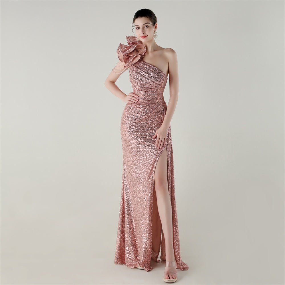 Craft Floral Beaded One Shoulder Diagonal Collar Fishtail Evening Dress Dinner Wedding Awards Ceremony Social Dress - Luzilly Bridal & Apparel