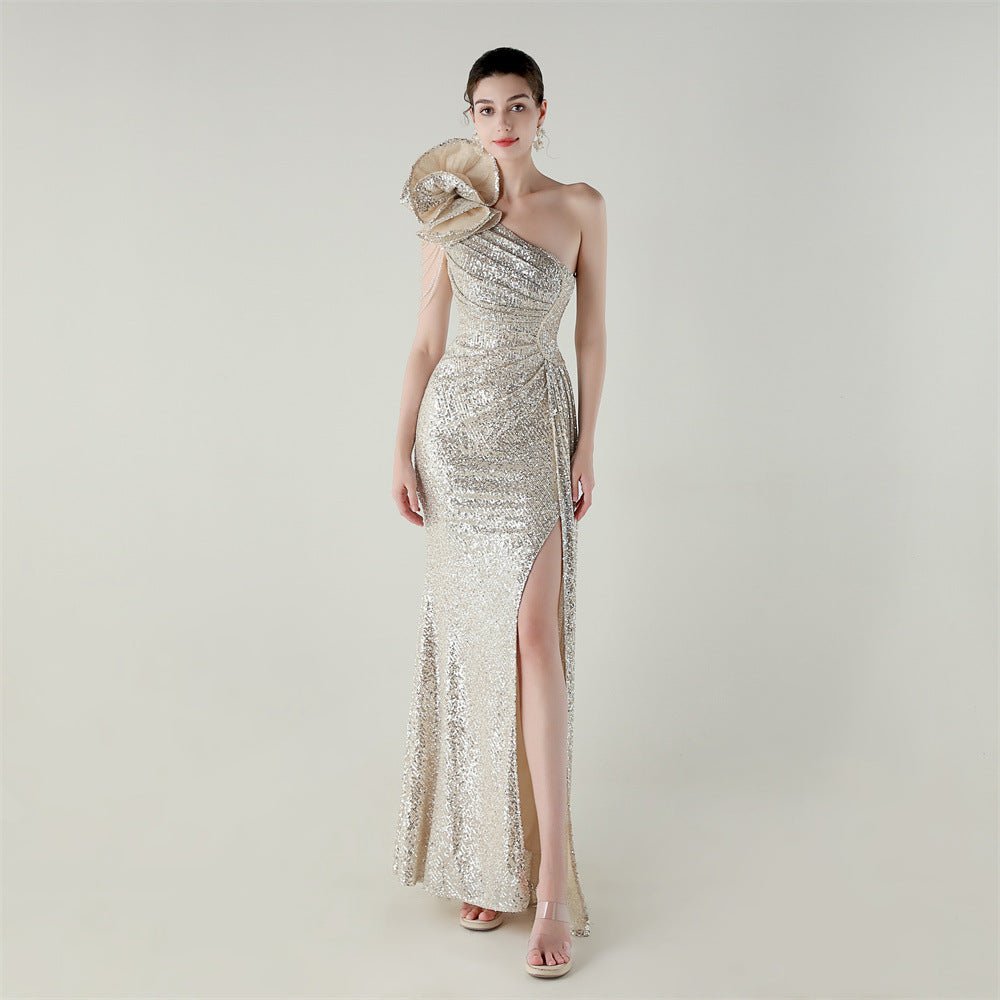 Craft Floral Beaded One Shoulder Diagonal Collar Fishtail Evening Dress Dinner Wedding Awards Ceremony Social Dress - Luzilly Bridal & Apparel