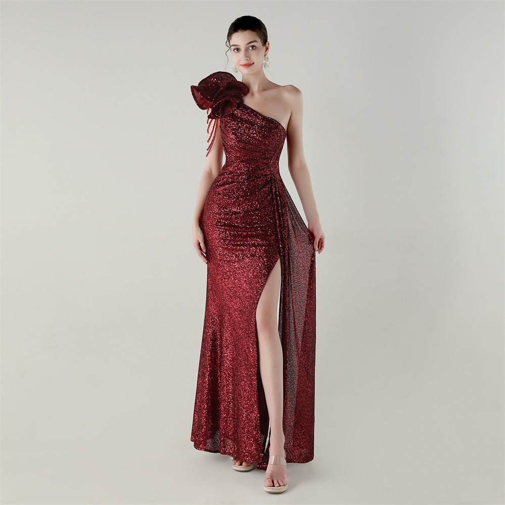 Craft Floral Beaded One Shoulder Diagonal Collar Fishtail Evening Dress Dinner Wedding Awards Ceremony Social Dress - Luzilly Bridal & Apparel