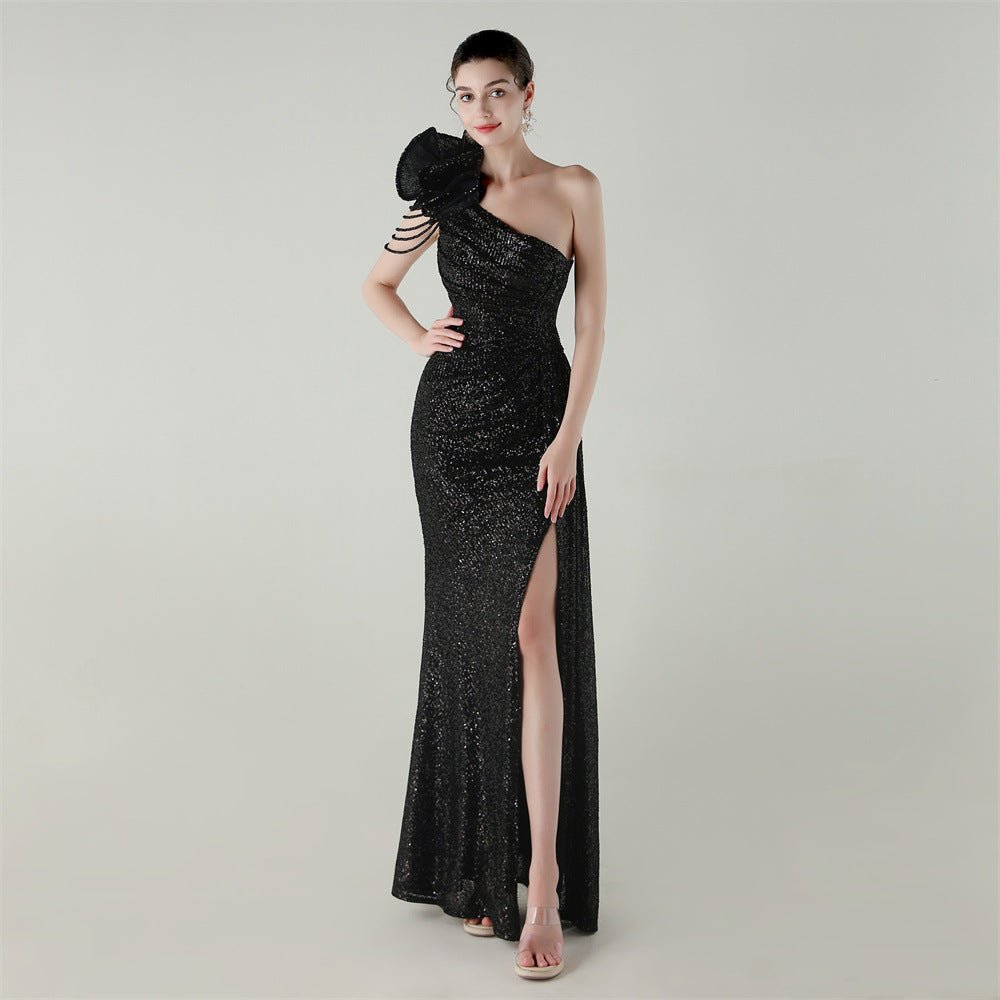 Craft Floral Beaded One Shoulder Diagonal Collar Fishtail Evening Dress Dinner Wedding Awards Ceremony Social Dress - Luzilly Bridal & Apparel
