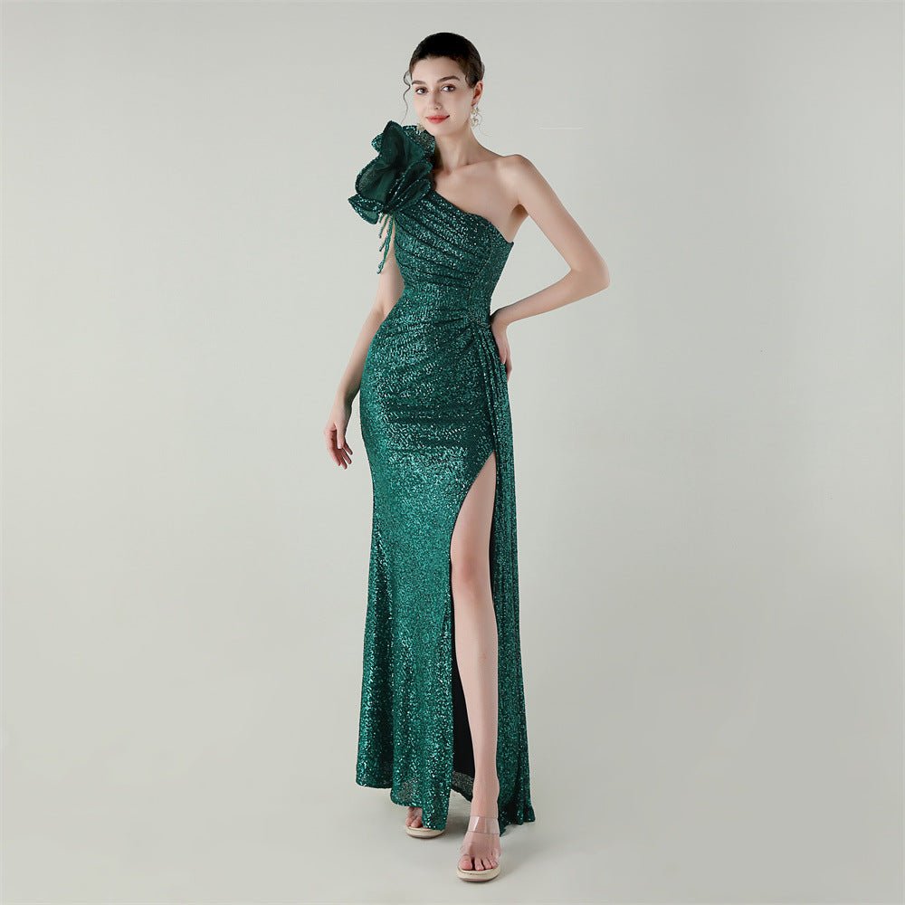 Craft Floral Beaded One Shoulder Diagonal Collar Fishtail Evening Dress Dinner Wedding Awards Ceremony Social Dress - Luzilly Bridal & Apparel