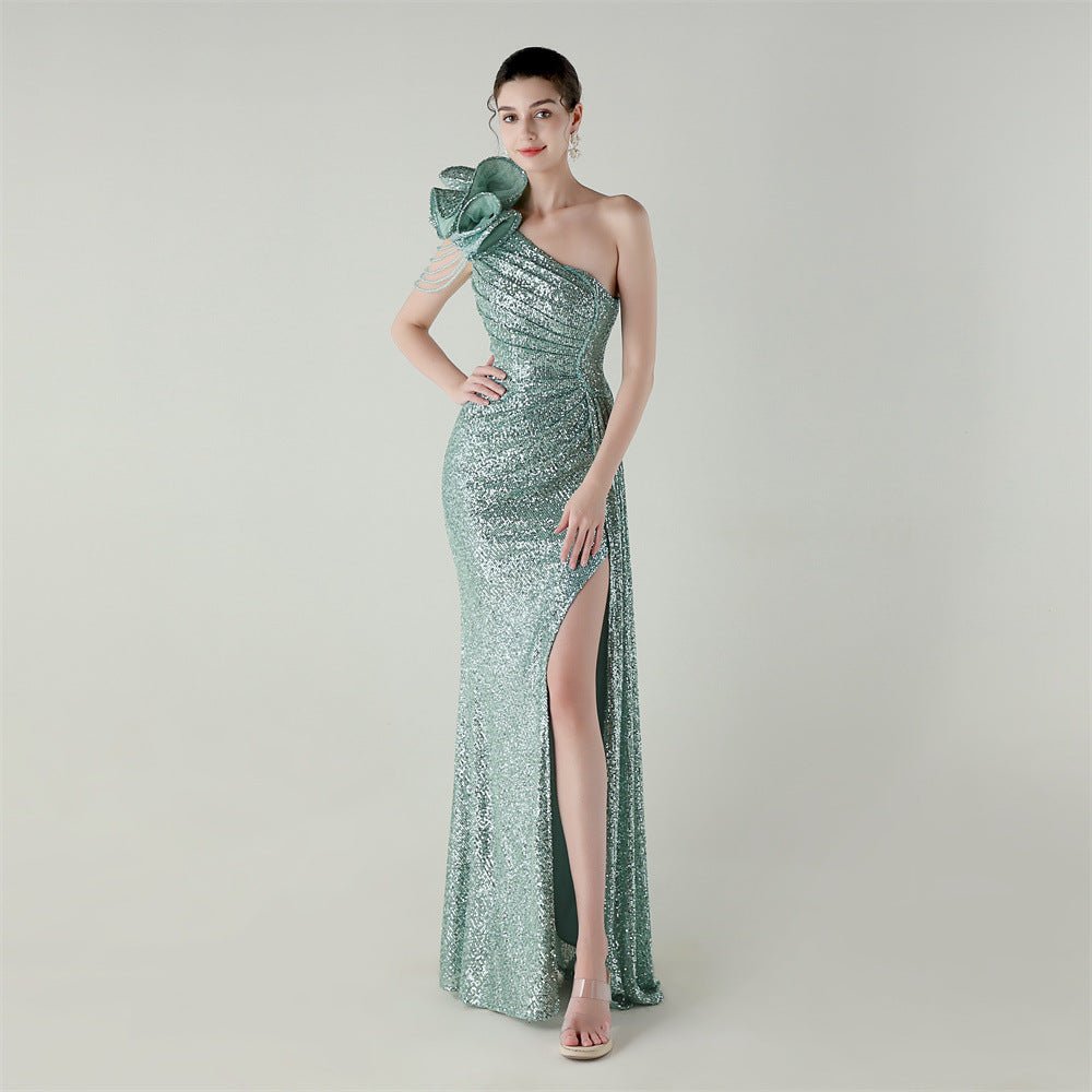 Craft Floral Beaded One Shoulder Diagonal Collar Fishtail Evening Dress Dinner Wedding Awards Ceremony Social Dress - Luzilly Bridal & Apparel