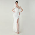 Craft Floral Beaded One Shoulder Diagonal Collar Fishtail Evening Dress Dinner Wedding Awards Ceremony Social Dress - Luzilly Bridal & Apparel