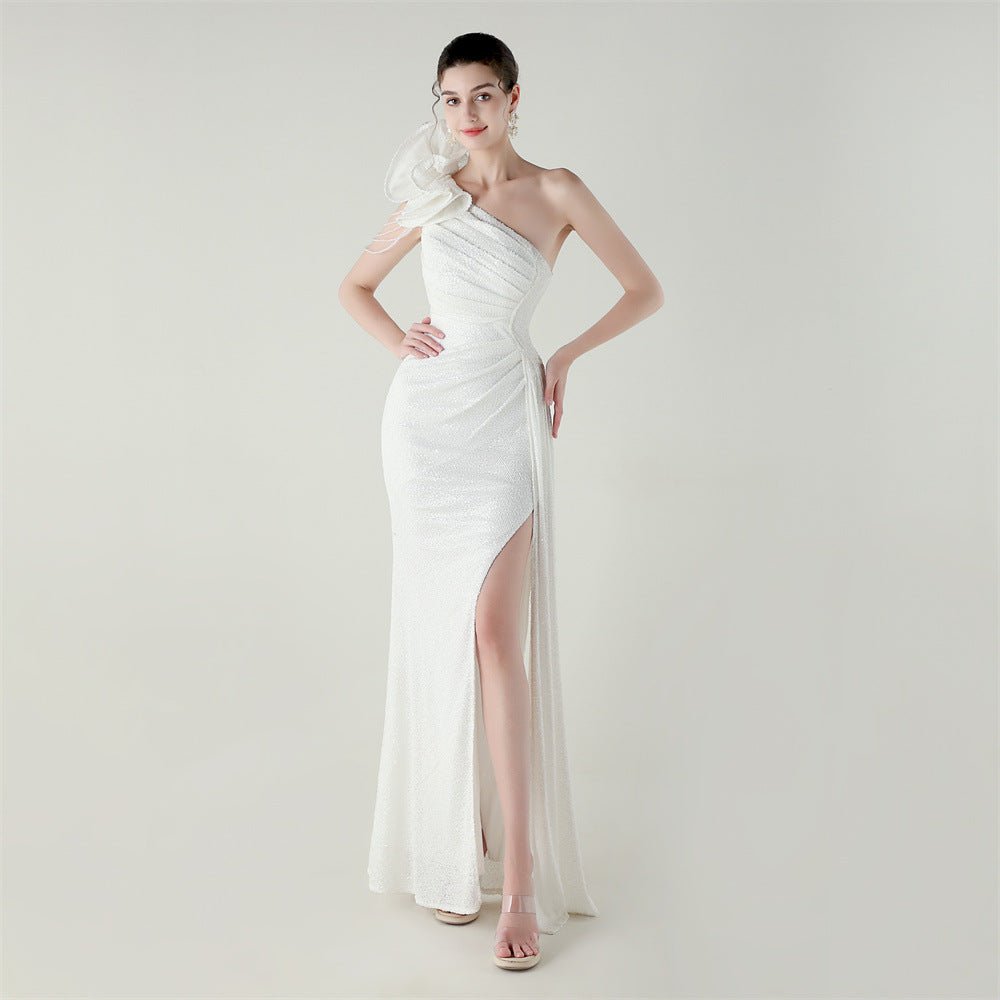 Craft Floral Beaded One Shoulder Diagonal Collar Fishtail Evening Dress Dinner Wedding Awards Ceremony Social Dress - Luzilly Bridal & Apparel