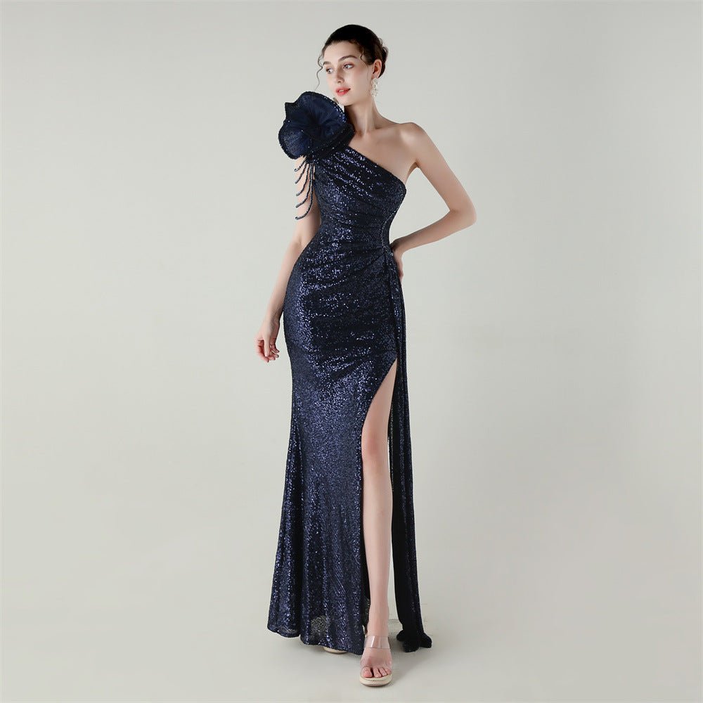 Craft Floral Beaded One Shoulder Diagonal Collar Fishtail Evening Dress Dinner Wedding Awards Ceremony Social Dress - Luzilly Bridal & Apparel