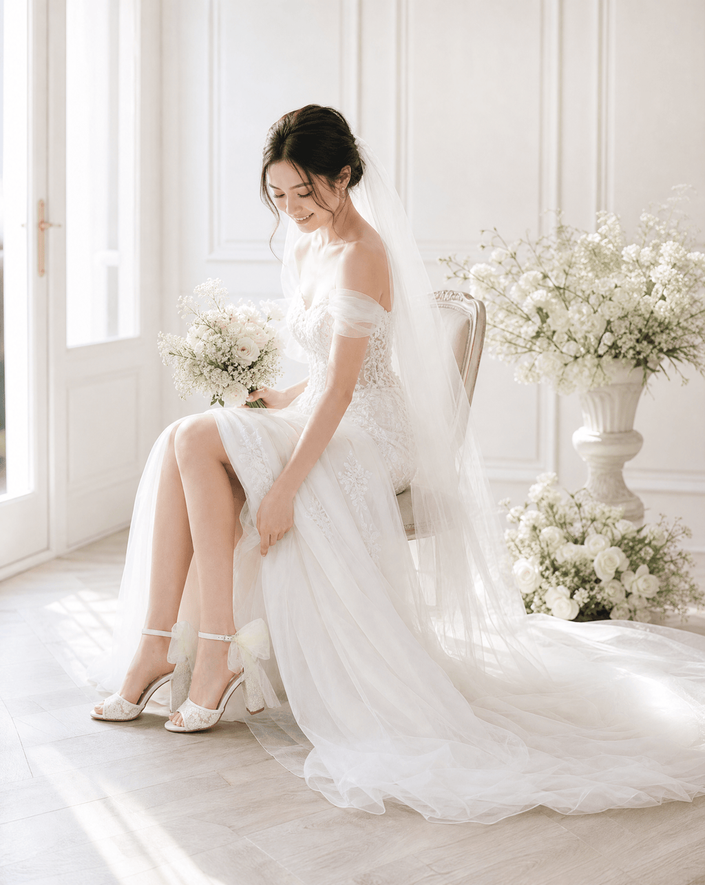 Crochet Lace Block Heel Sandals with Tulle Back Bow - Luzilly Bridal & Apparel