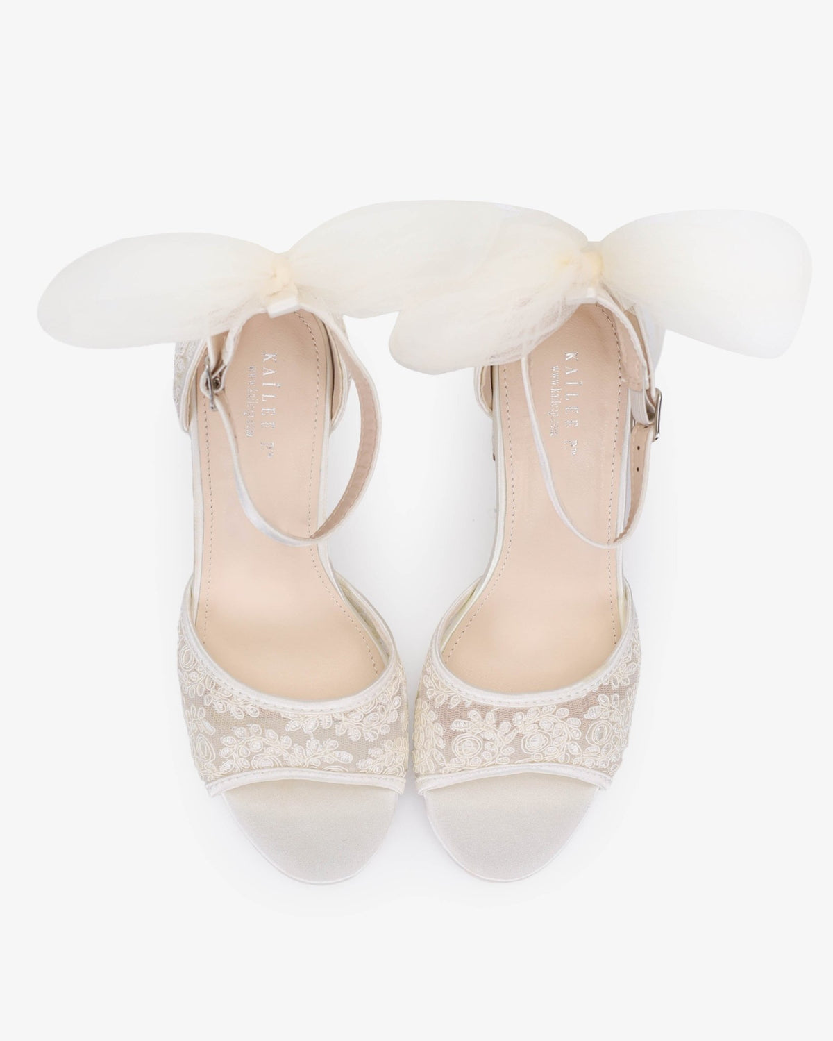 Crochet Lace Block Heel Sandals with Tulle Back Bow - Luzilly Bridal & Apparel