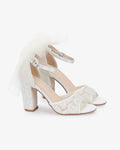 Crochet Lace Block Heel Sandals with Tulle Back Bow - Luzilly Bridal & Apparel