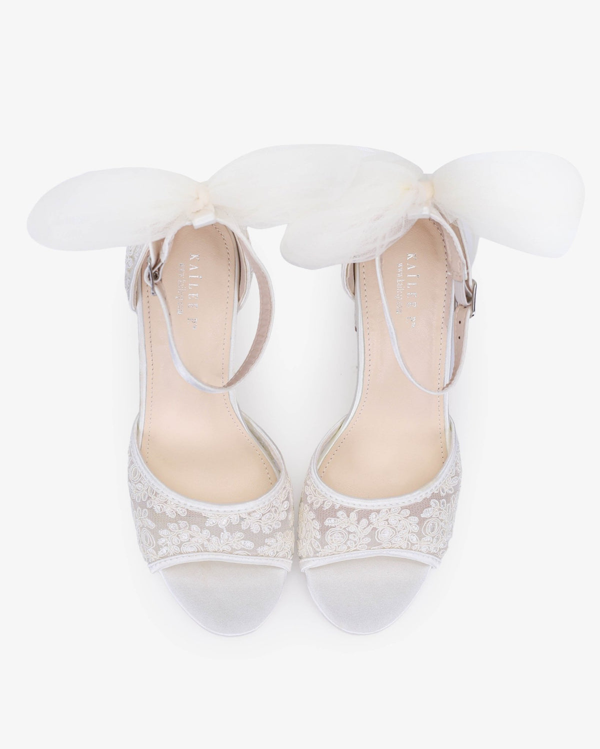 Crochet Lace Block Heel Sandals with Tulle Back Bow - Luzilly Bridal & Apparel