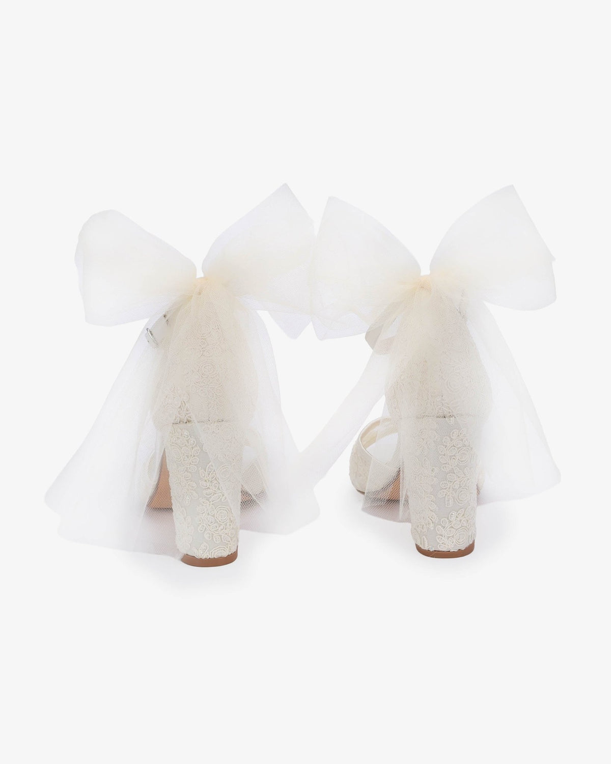 Crochet Lace Block Heel Sandals with Tulle Back Bow - Luzilly Bridal & Apparel