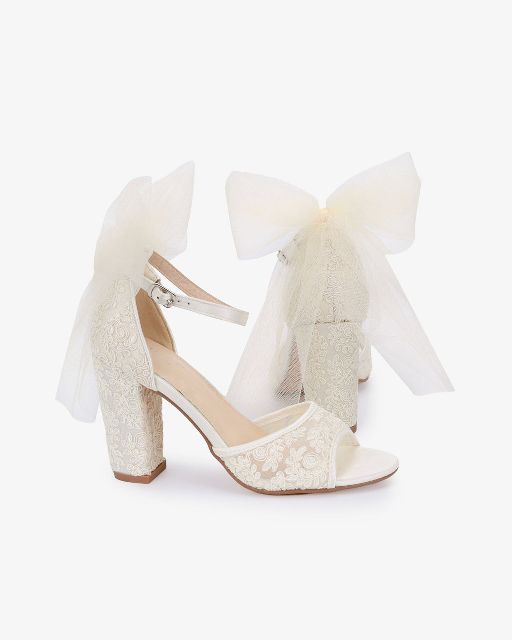 Crochet Lace Block Heel Sandals with Tulle Back Bow - Luzilly Bridal & Apparel