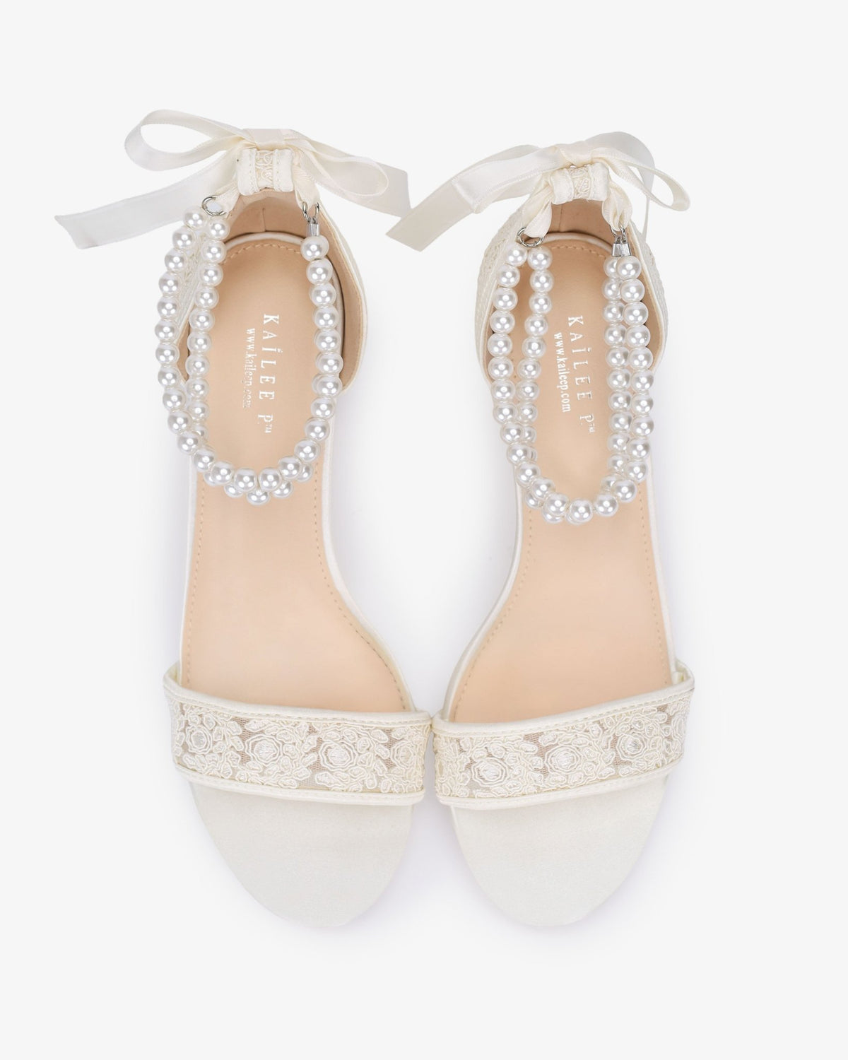 Crochet Lace Block Heel Wedding Sandals with Double Pearl Ankle Strap - Luzilly Bridal & Apparel