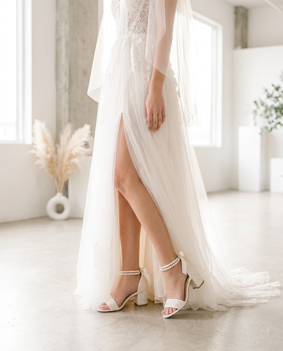 Crochet Lace Block Heel Wedding Sandals with Double Pearl Ankle Strap - Luzilly Bridal & Apparel