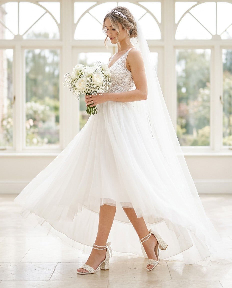 Crochet Lace Block Heel Wedding Sandals with Double Pearl Ankle Strap - Luzilly Bridal & Apparel