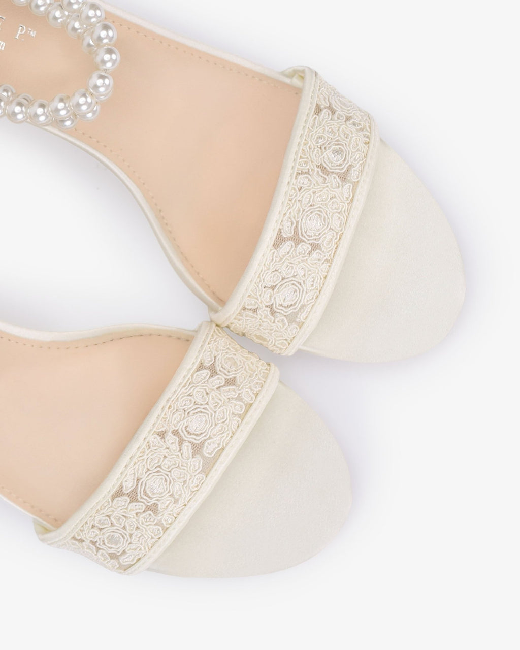 Crochet Lace Block Heel Wedding Sandals with Double Pearl Ankle Strap - Luzilly Bridal & Apparel