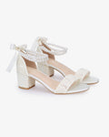 Crochet Lace Block Heel Wedding Sandals with Double Pearl Ankle Strap - Luzilly Bridal & Apparel