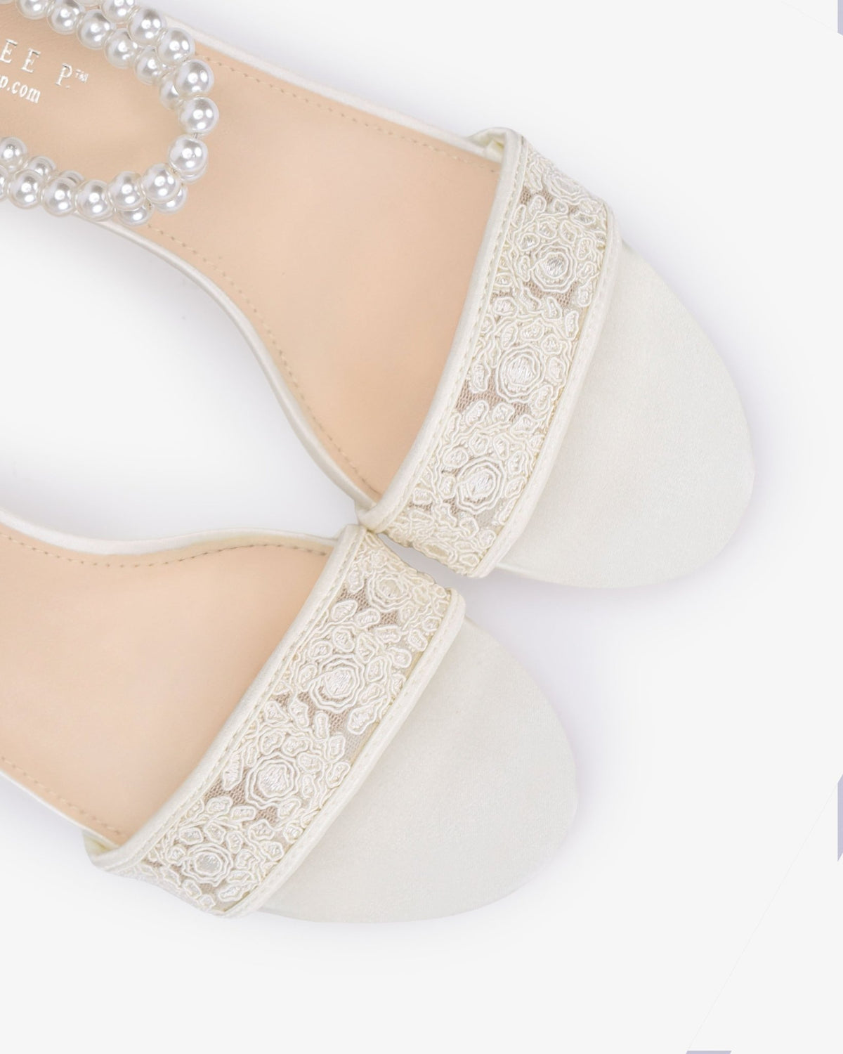 Crochet Lace Block Heel Wedding Sandals with Double Pearl Ankle Strap - Luzilly Bridal & Apparel