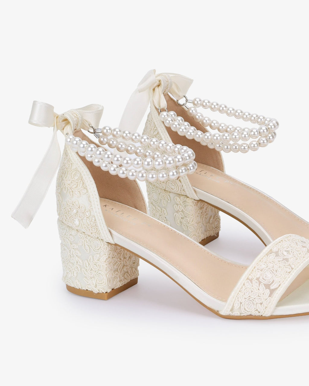 Crochet Lace Block Heel Wedding Sandals with Double Pearl Ankle Strap - Luzilly Bridal & Apparel