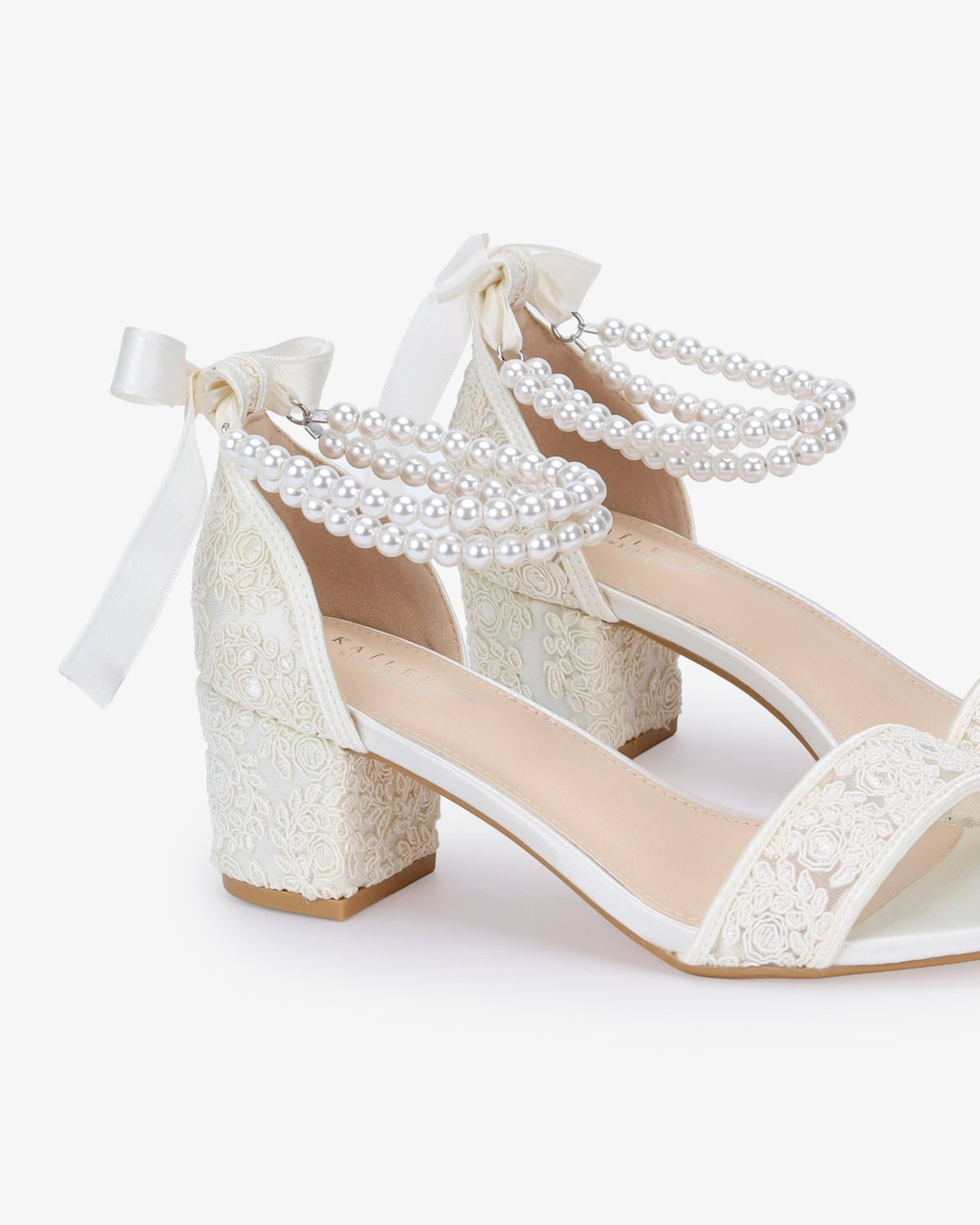 Crochet Lace Block Heel Wedding Sandals with Double Pearl Ankle Strap - Luzilly Bridal & Apparel