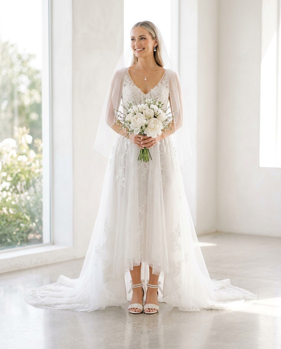 Crochet Lace Block Heel Wedding Sandals with Double Pearl Ankle Strap - Luzilly Bridal & Apparel