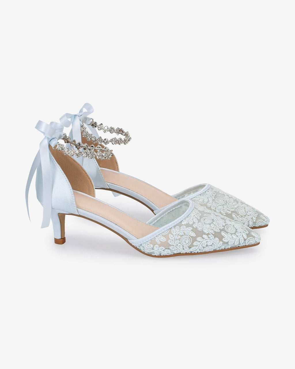 Crochet Lace Pointy Toe Wedding Kitten Low Heel with Amaryllis Strap - Luzilly Bridal & Apparel