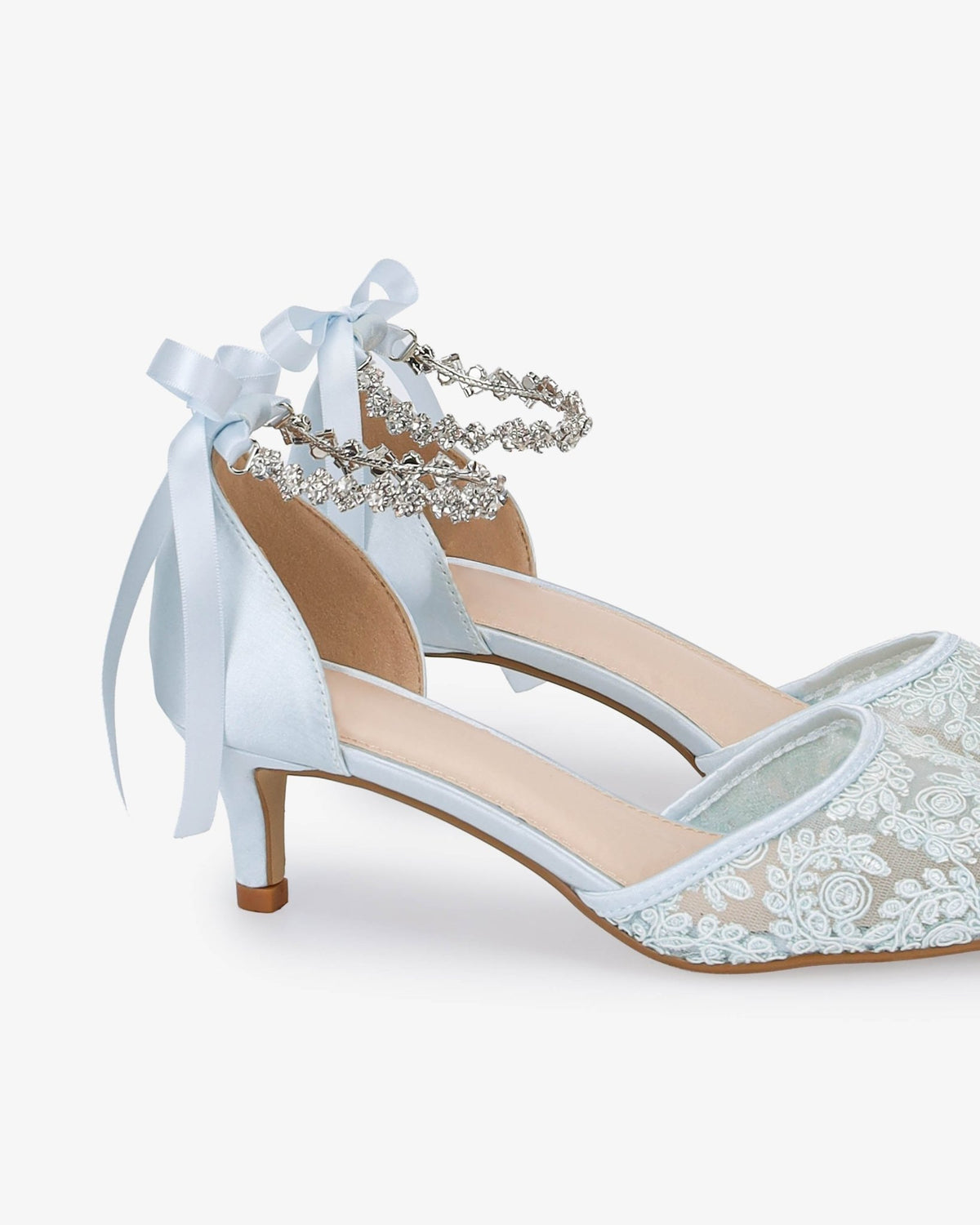 Crochet Lace Pointy Toe Wedding Kitten Low Heel with Amaryllis Strap - Luzilly Bridal & Apparel