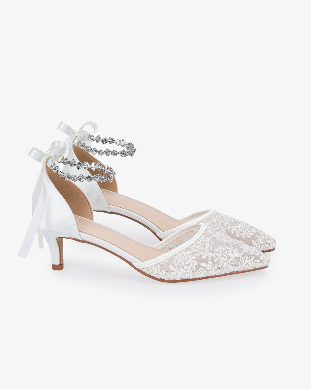 Crochet Lace Pointy Toe Wedding Kitten Low Heel with Amaryllis Strap - Luzilly Bridal & Apparel