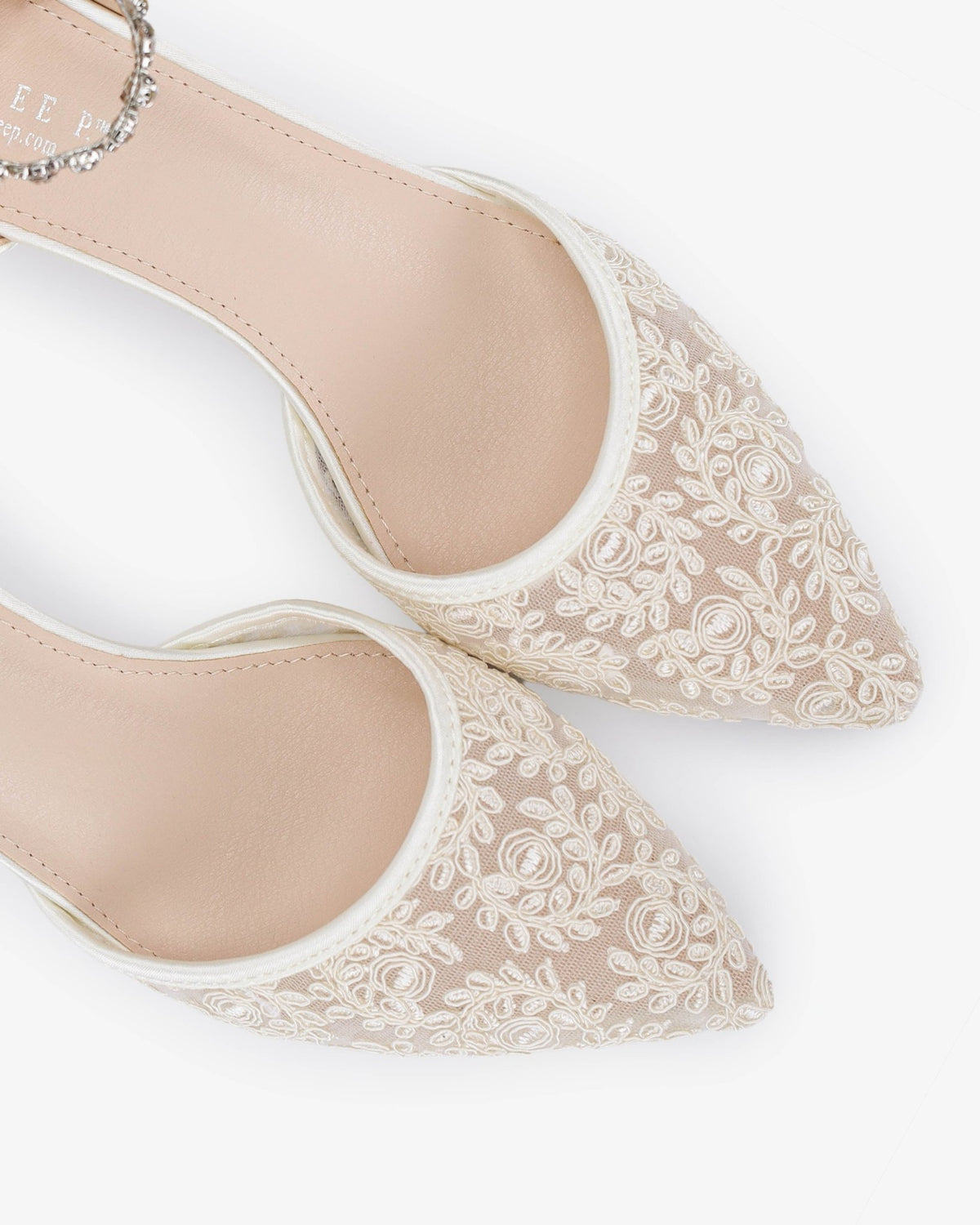 Crochet Lace Pointy Toe Wedding Kitten Low Heel with Amaryllis Strap - Luzilly Bridal & Apparel