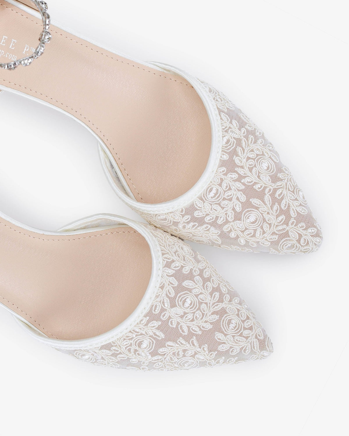 Crochet Lace Pointy Toe Wedding Kitten Low Heel with Amaryllis Strap - Luzilly Bridal & Apparel