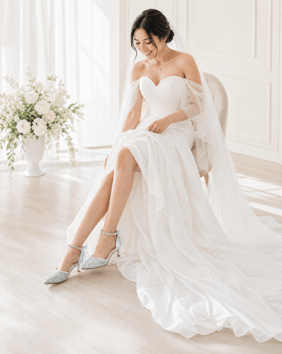 Crochet Lace Pointy Toe Wedding Kitten Low Heel with Amaryllis Strap - Luzilly Bridal & Apparel