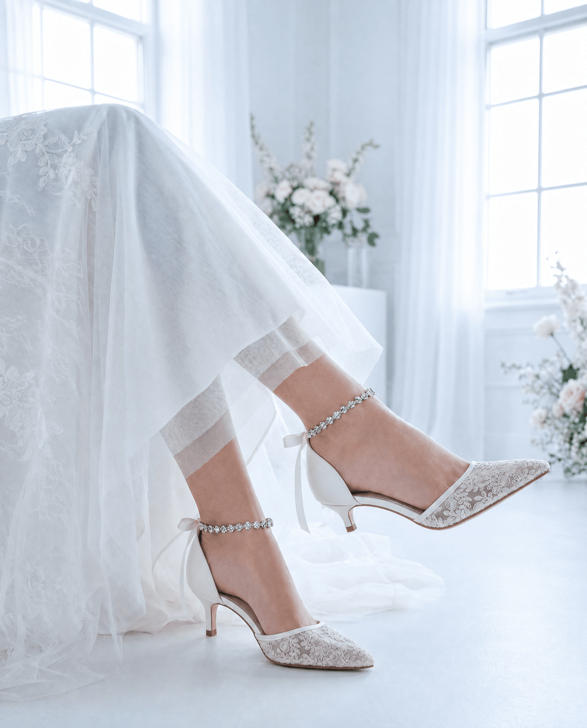 Crochet Lace Pointy Toe Wedding Kitten Low Heel with Amaryllis Strap - Luzilly Bridal & Apparel