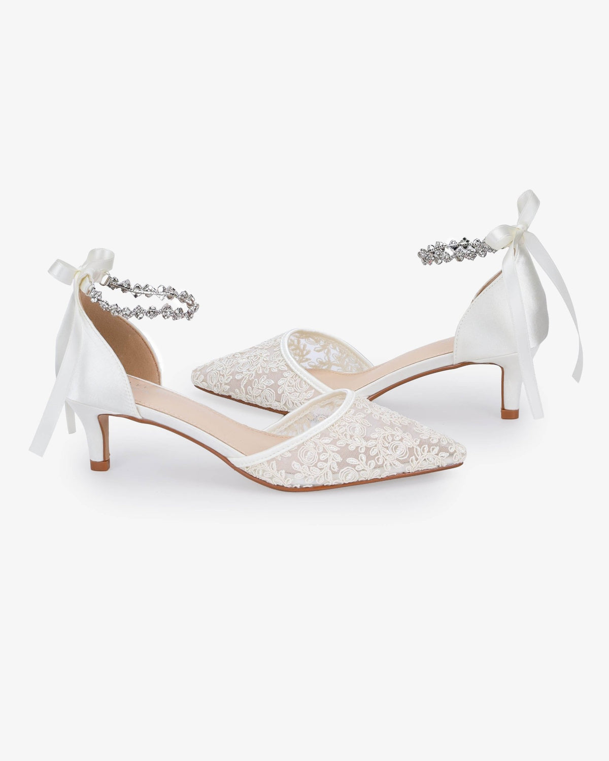 Crochet Lace Pointy Toe Wedding Kitten Low Heel with Amaryllis Strap - Luzilly Bridal & Apparel