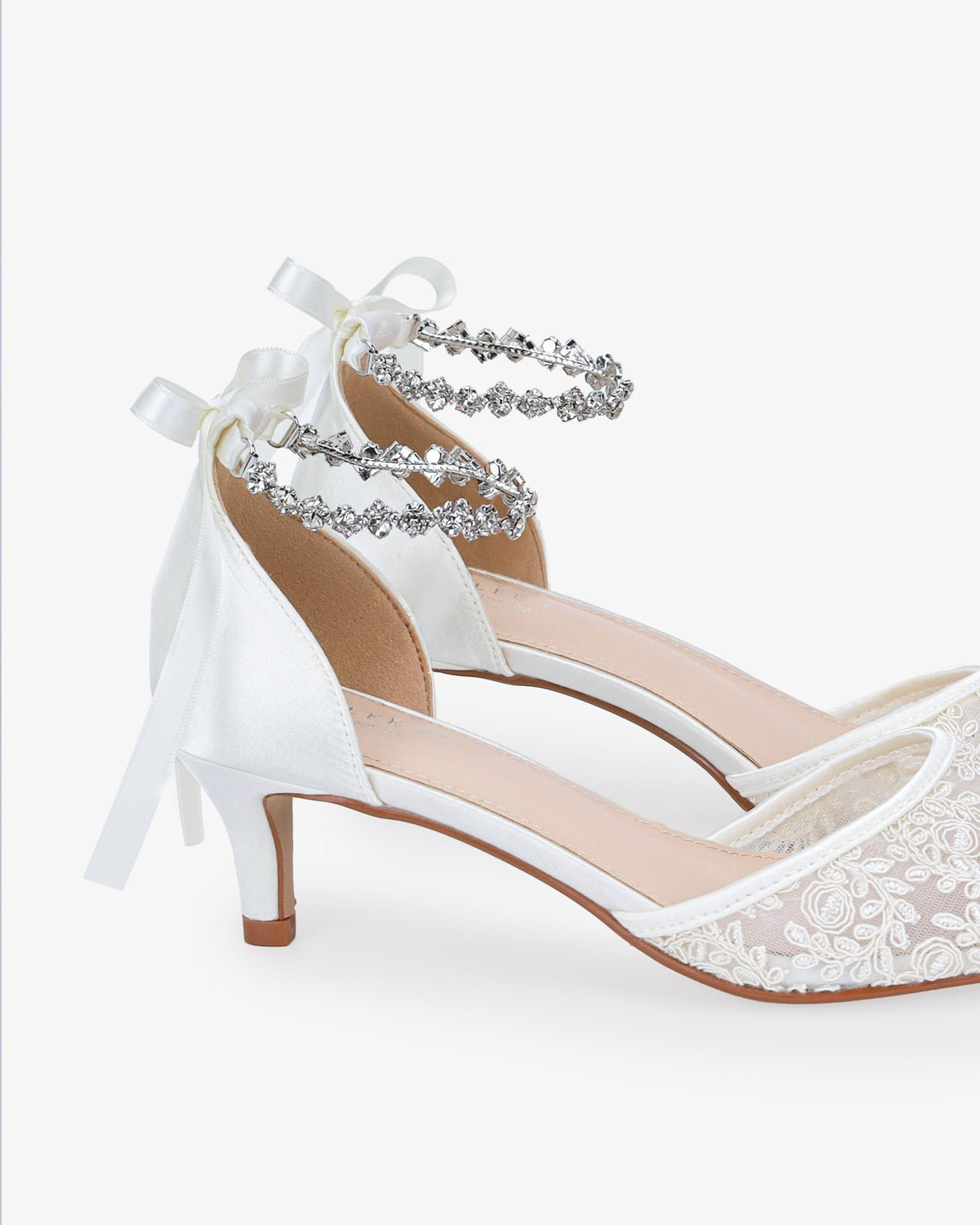Crochet Lace Pointy Toe Wedding Kitten Low Heel with Amaryllis Strap - Luzilly Bridal & Apparel