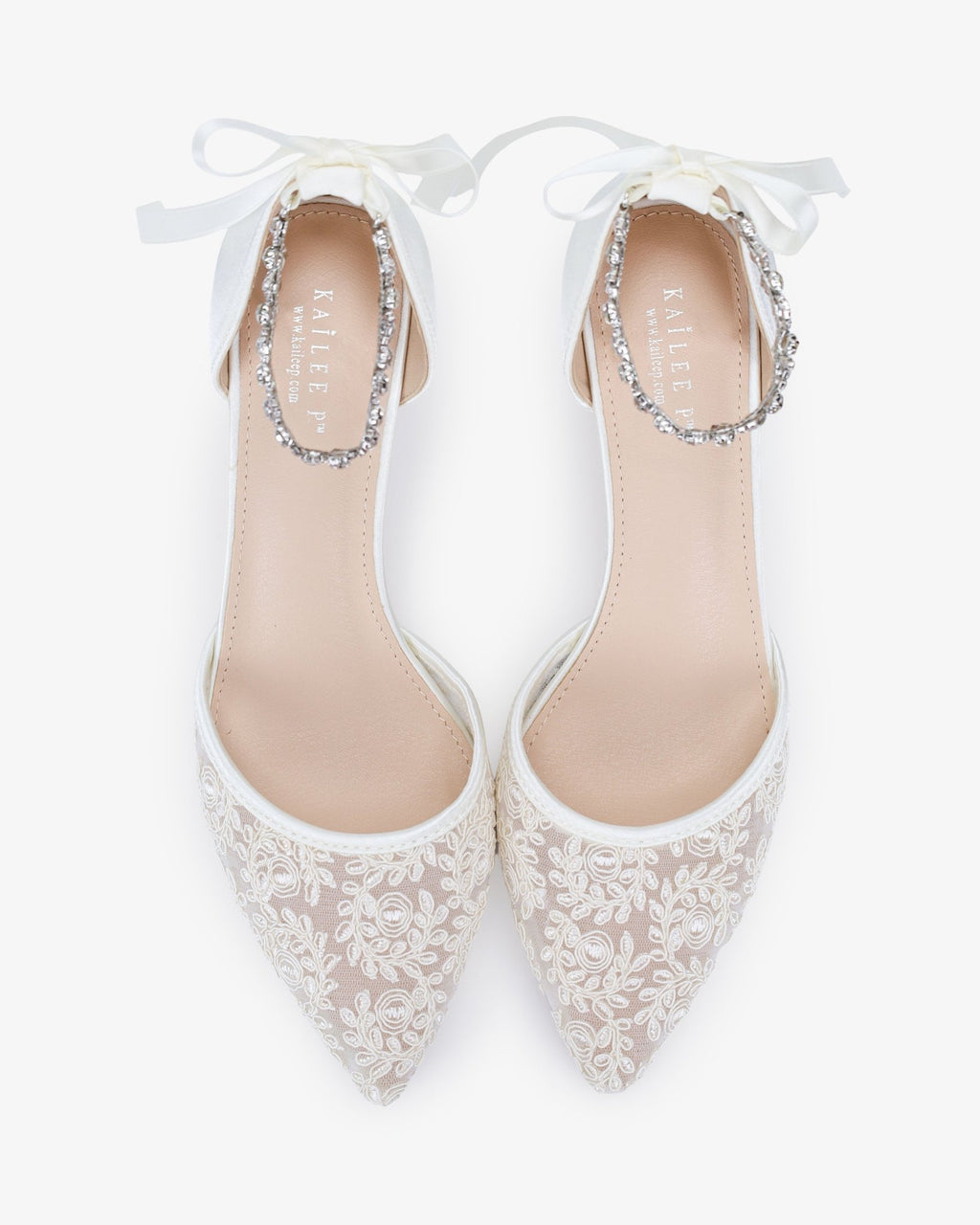 Crochet Lace Pointy Toe Wedding Kitten Low Heel with Amaryllis Strap - Luzilly Bridal & Apparel