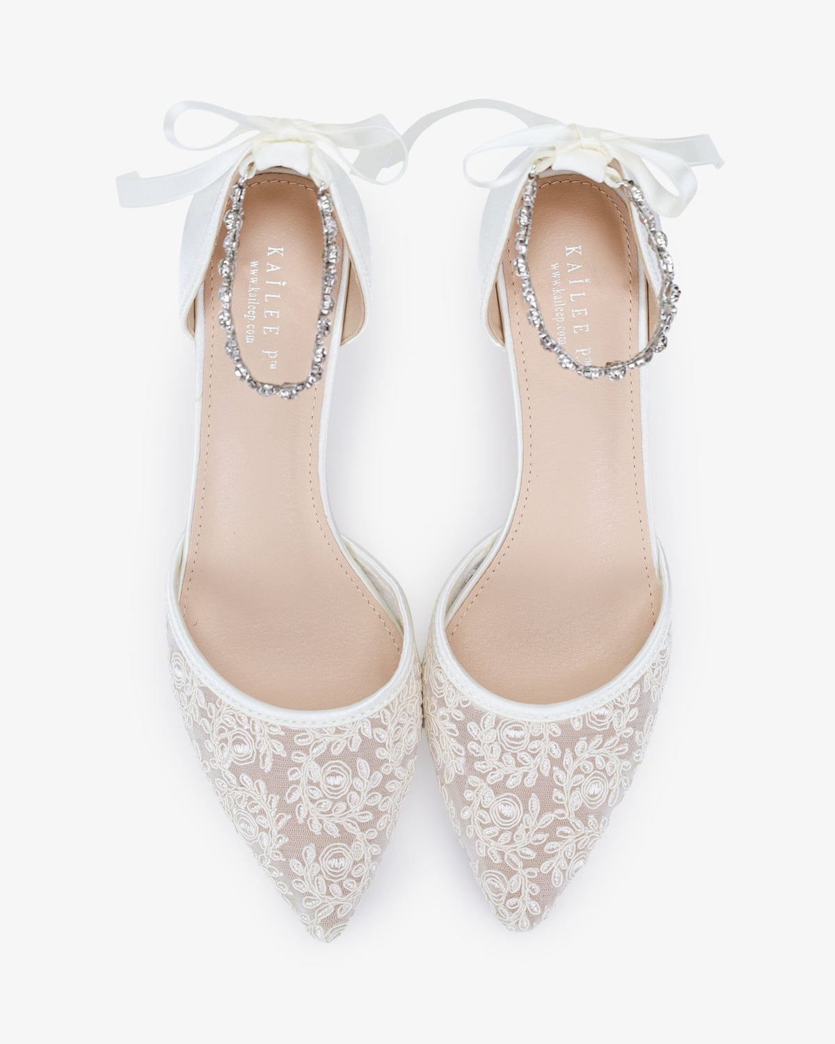 Crochet Lace Pointy Toe Wedding Kitten Low Heel with Amaryllis Strap - Luzilly Bridal & Apparel