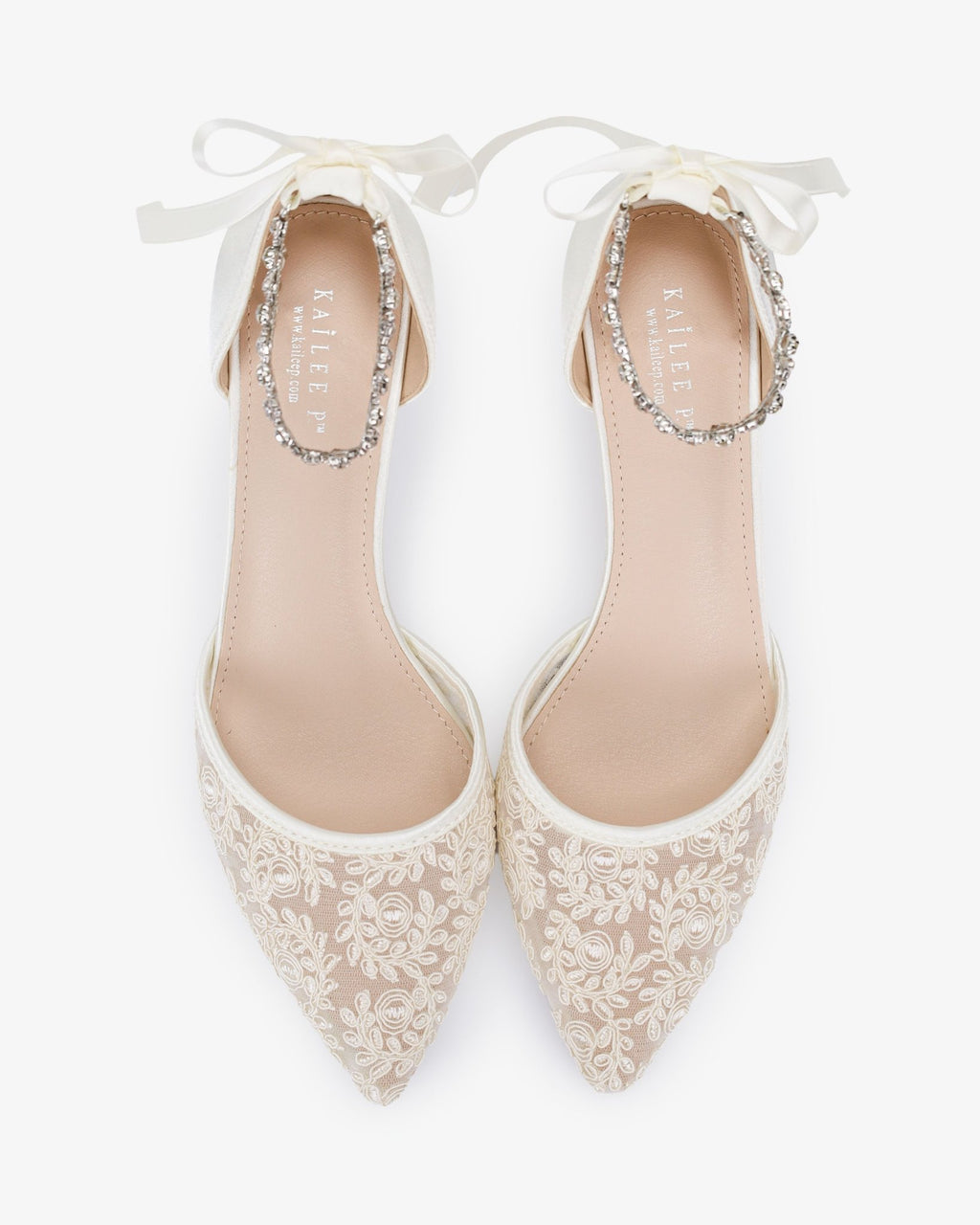 Crochet Lace Pointy Toe Wedding Kitten Low Heel with Amaryllis Strap - Luzilly Bridal & Apparel