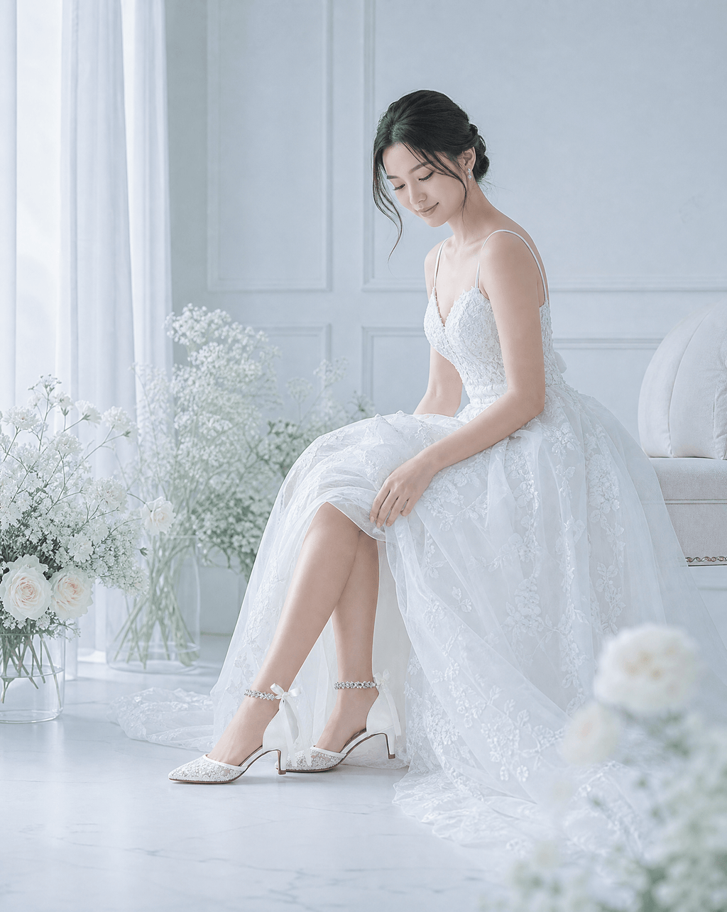 Crochet Lace Pointy Toe Wedding Kitten Low Heel with Amaryllis Strap - Luzilly Bridal & Apparel