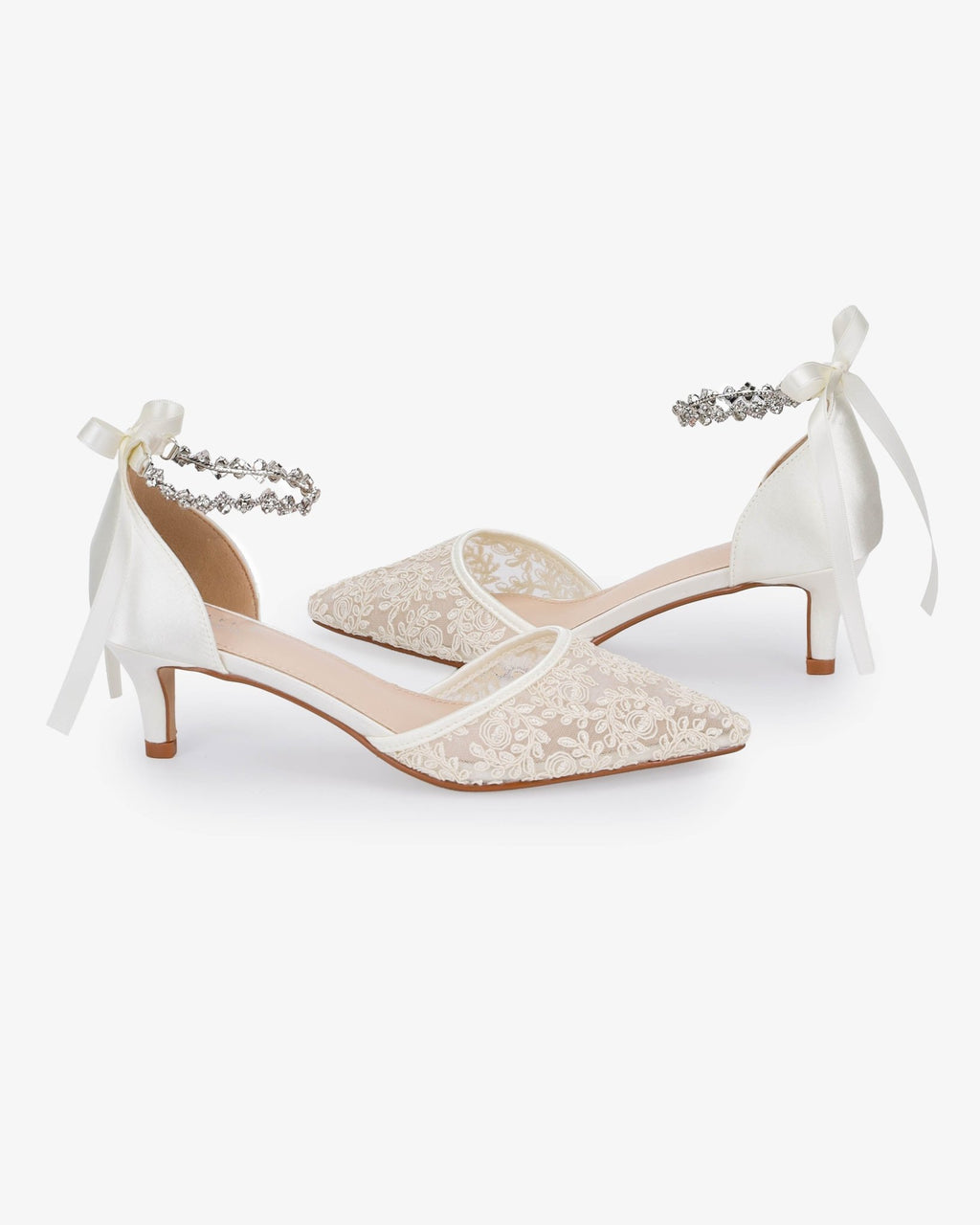 Crochet Lace Pointy Toe Wedding Kitten Low Heel with Amaryllis Strap - Luzilly Bridal & Apparel