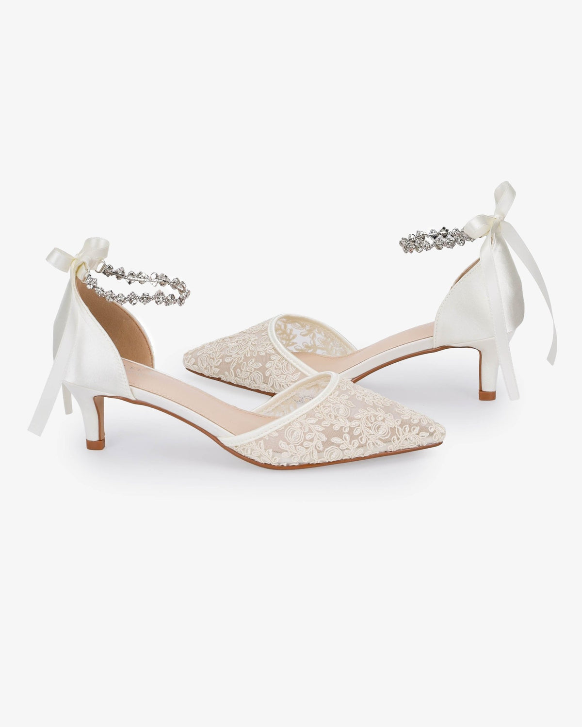Crochet Lace Pointy Toe Wedding Kitten Low Heel with Amaryllis Strap - Luzilly Bridal & Apparel