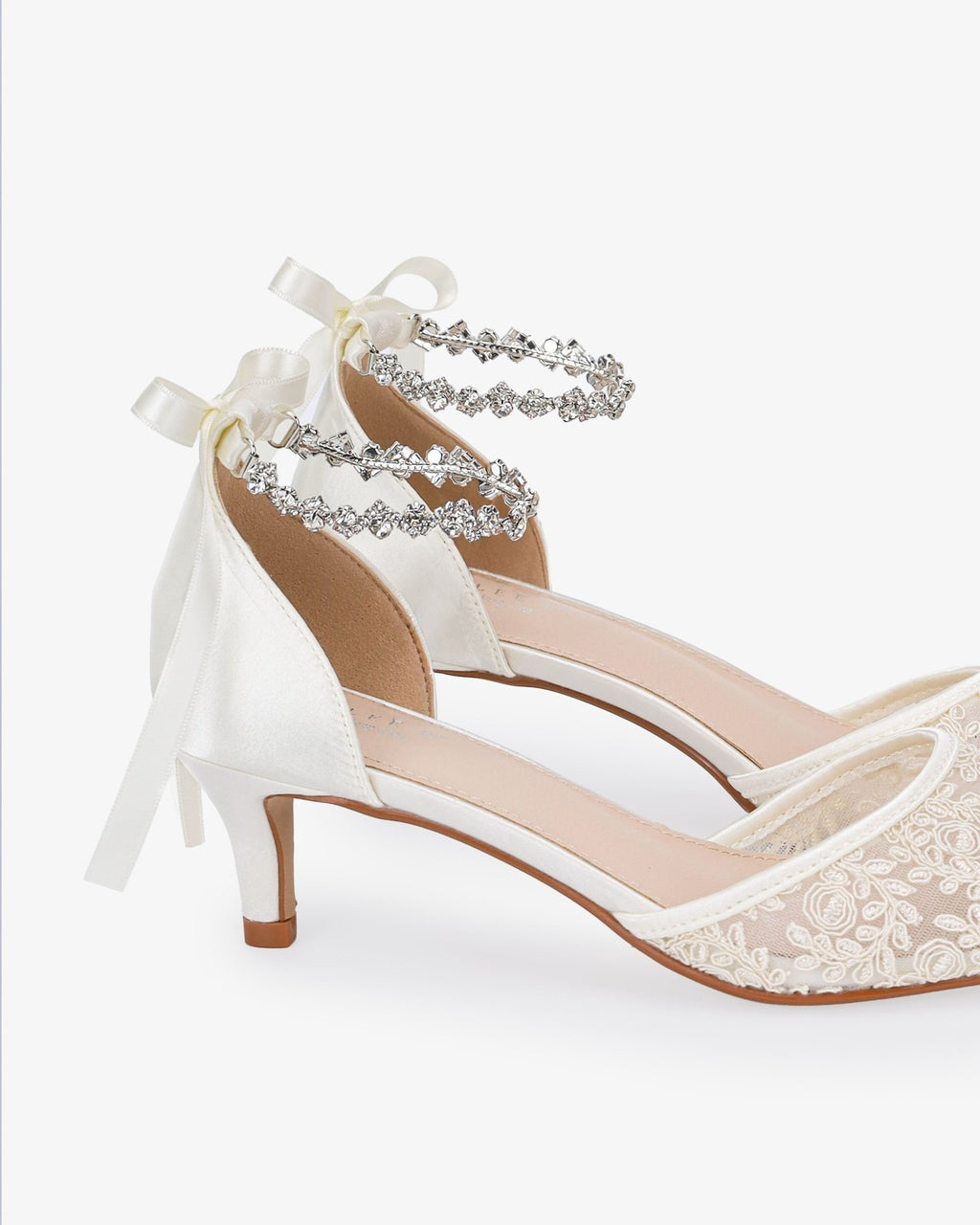 Crochet Lace Pointy Toe Wedding Kitten Low Heel with Amaryllis Strap - Luzilly Bridal & Apparel