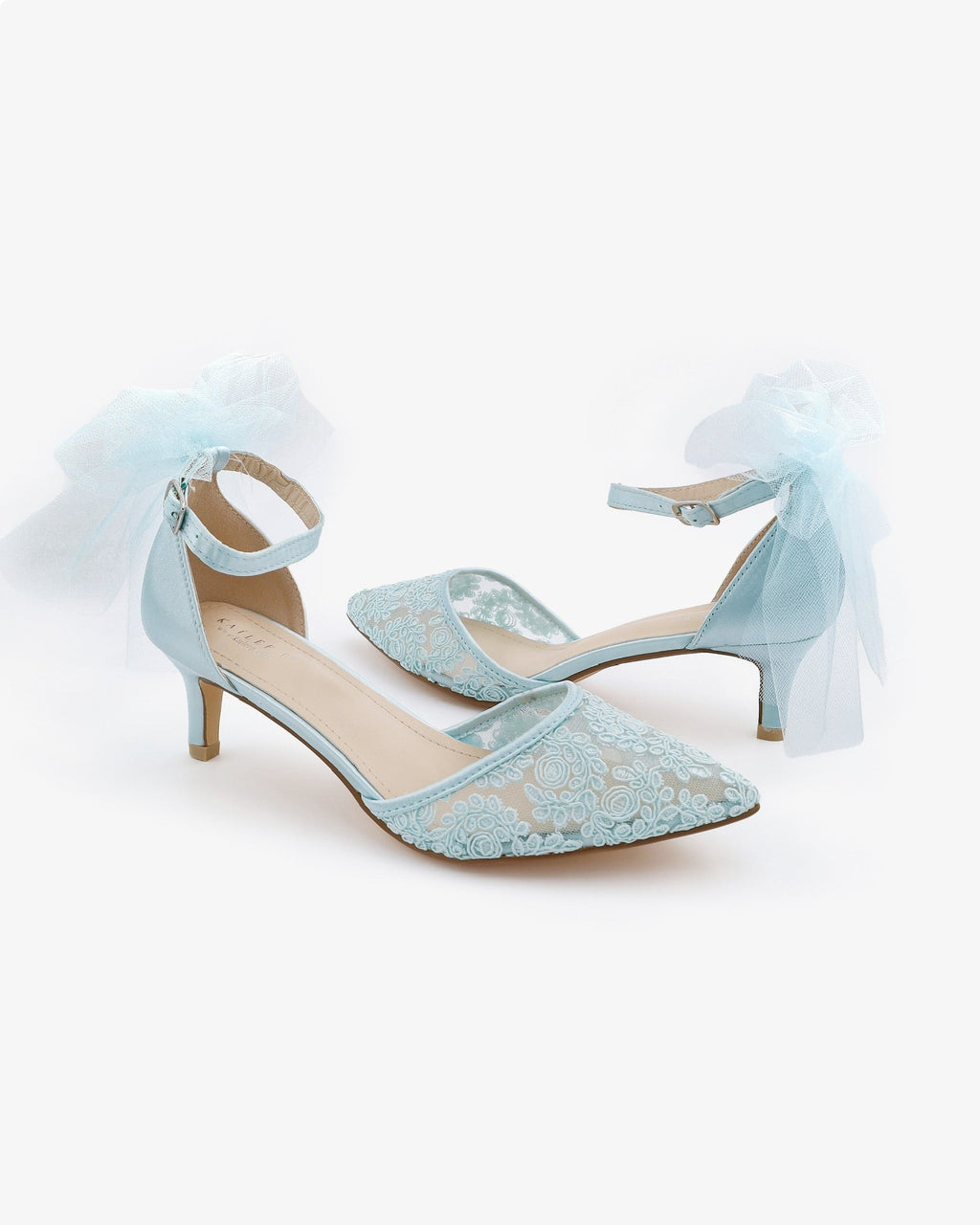 Crochet Lace Pointy Toe Wedding Kitten Low Heel with Tulle Back Bow - Luzilly Bridal & Apparel