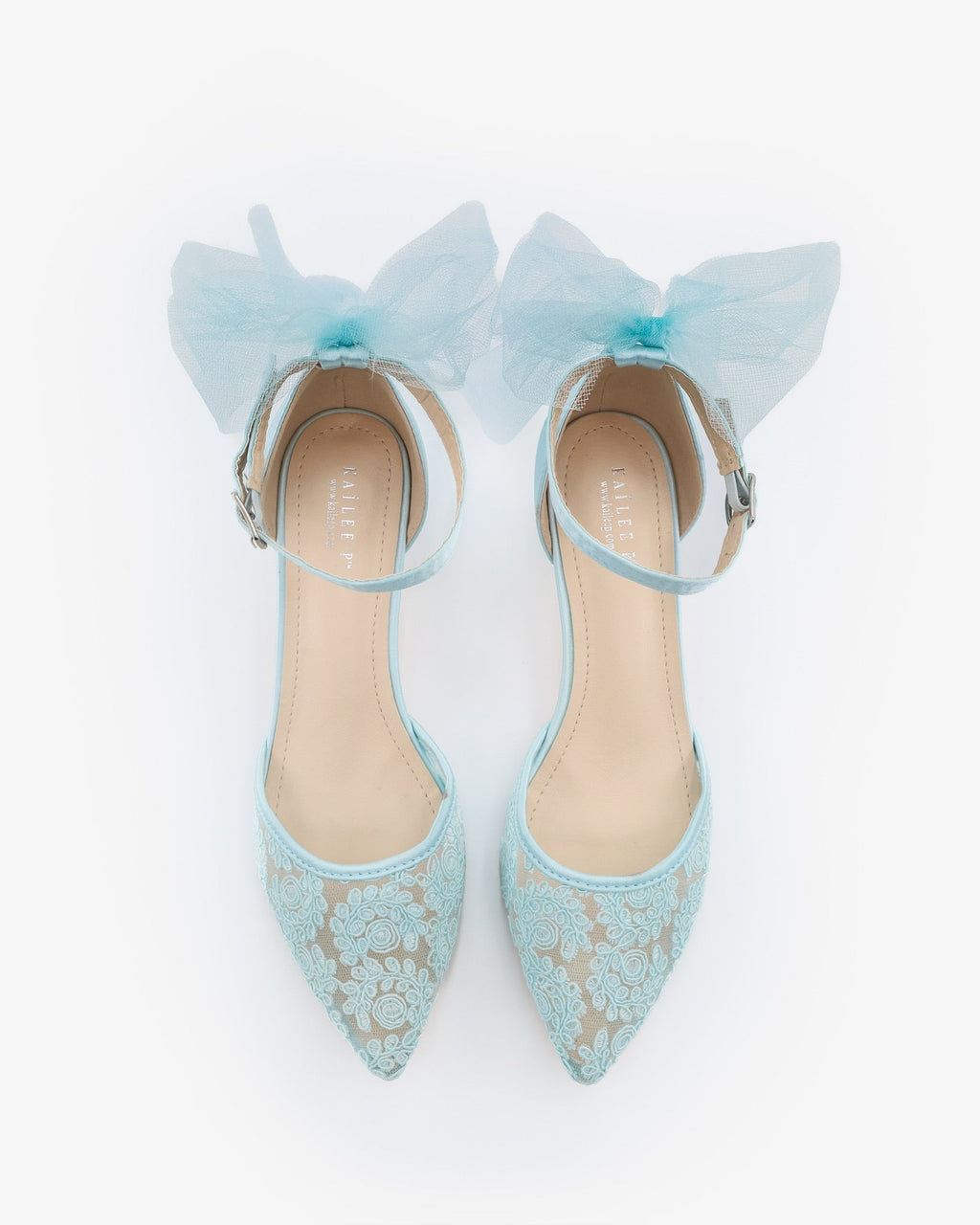 Crochet Lace Pointy Toe Wedding Kitten Low Heel with Tulle Back Bow - Luzilly Bridal & Apparel