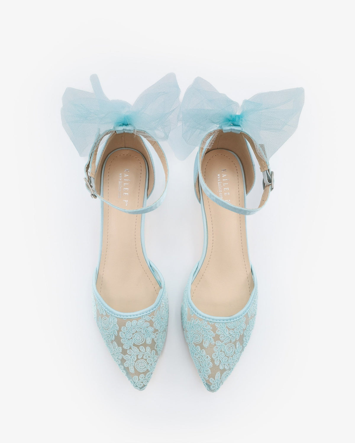 Crochet Lace Pointy Toe Wedding Kitten Low Heel with Tulle Back Bow - Luzilly Bridal & Apparel