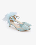 Crochet Lace Pointy Toe Wedding Kitten Low Heel with Tulle Back Bow - Luzilly Bridal & Apparel