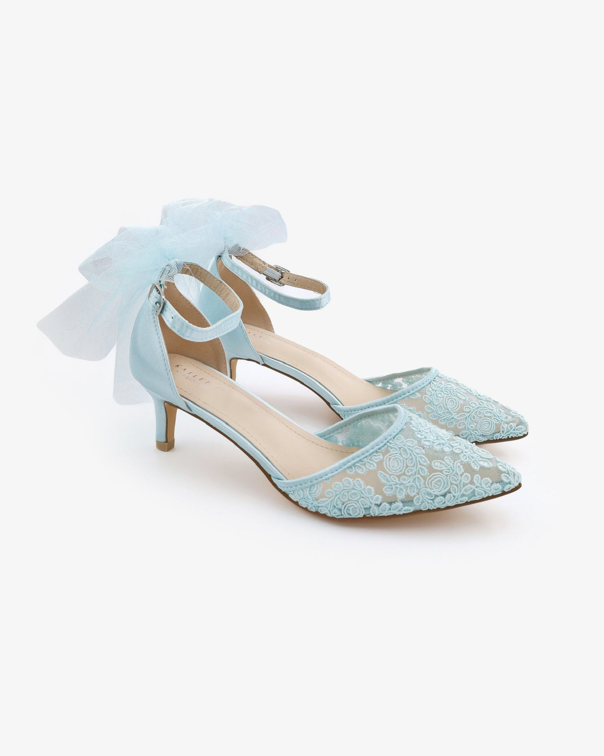 Crochet Lace Pointy Toe Wedding Kitten Low Heel with Tulle Back Bow - Luzilly Bridal & Apparel