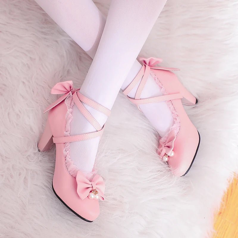 Cross-Strap Lace Bow Bridal Mary Jane Heels - Luzilly Bridal & Apparel