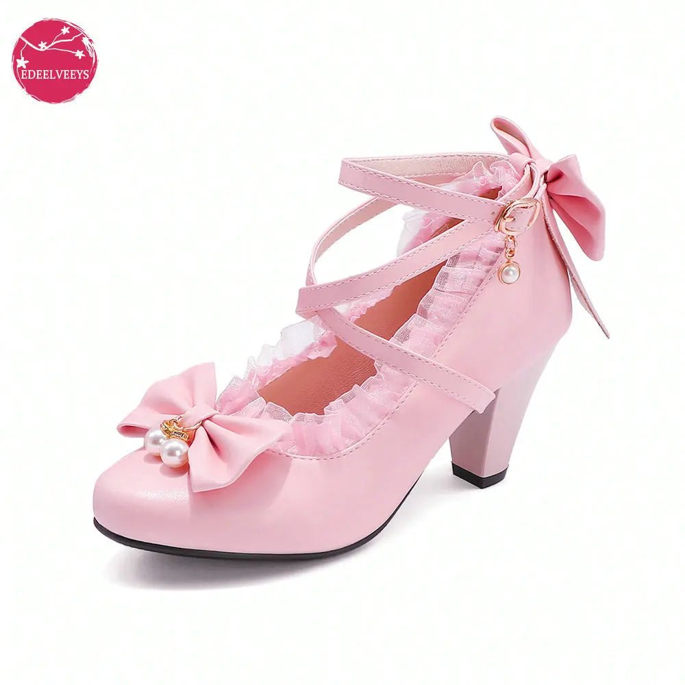 Cross-Strap Lace Bow Bridal Mary Jane Heels - Luzilly Bridal & Apparel