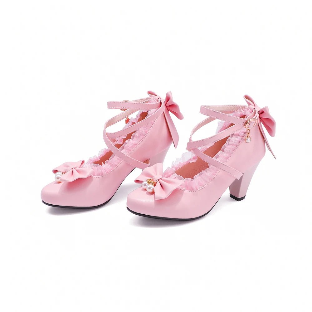 Cross-Strap Lace Bow Bridal Mary Jane Heels - Luzilly Bridal & Apparel