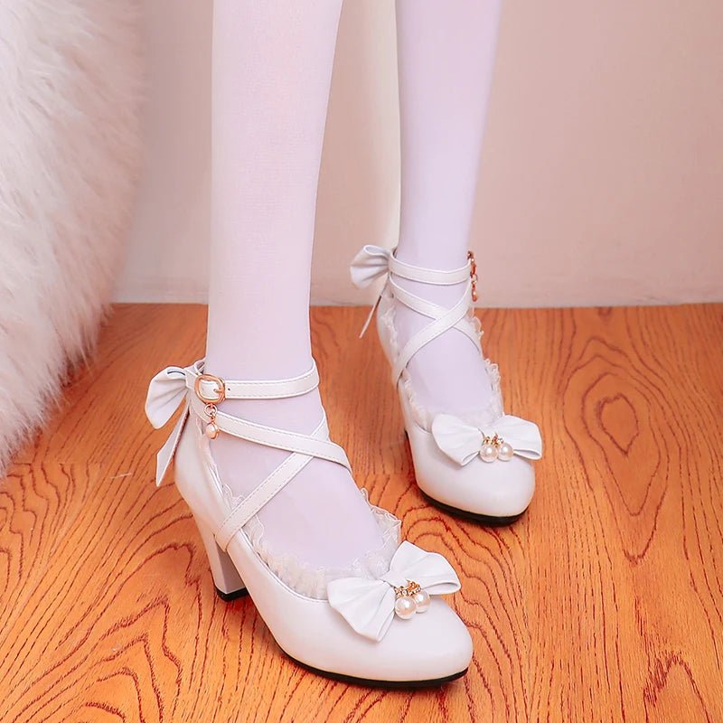 Cross-Strap Lace Bow Bridal Mary Jane Heels - Luzilly Bridal & Apparel